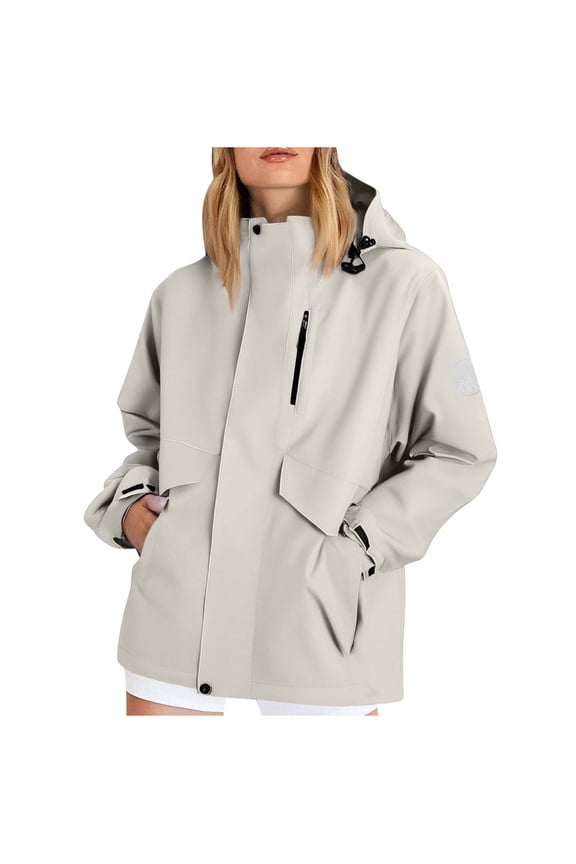 Women's Waterproof Hooded Jacket Outdoor Windbreaker Fleece Lined Zippered Pockets Coat for Hiking Camping