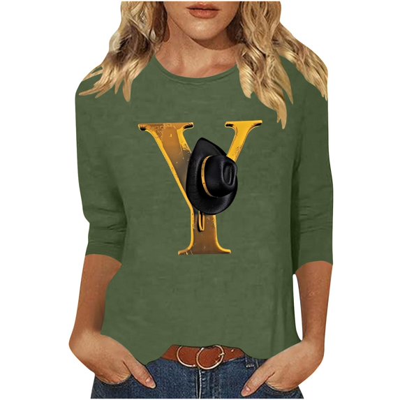 Ruimatai Women's Western Print 3/4 Sleeve T-Shirt Casual Comfortable Stylish Blouse Soft Breathable Fashion Top