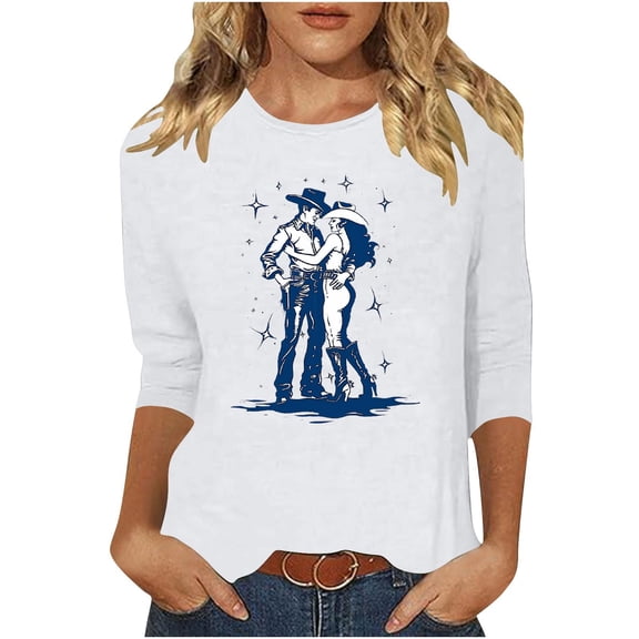 Ruimatai Women's Western Print 3/4 Sleeve T-Shirt Stylish Casual Comfortable Soft Stretch V-Neck Tee for Ladies