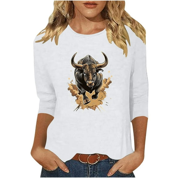 Ruimatai Women's Western T-Shirt 3/4 Sleeve Casual Top Printed Blouse Stylish Comfortable Soft Fabric Fashion Tee