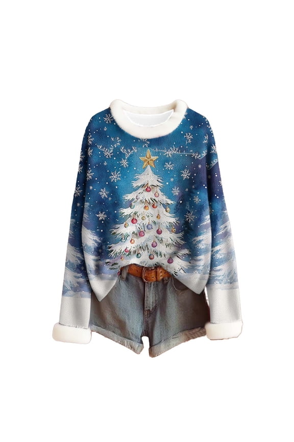 Women's Winter Christmas Print Sweater Long Sleeve Ribbed Knit Pullover Top Cozy Soft Casual Crewneck