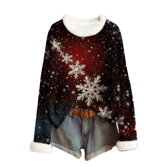 Ruimatai Women's Winter Christmas Print Sweater Long Sleeve Ribbed Knit Pullover Top Cozy Soft Casual Crewneck
