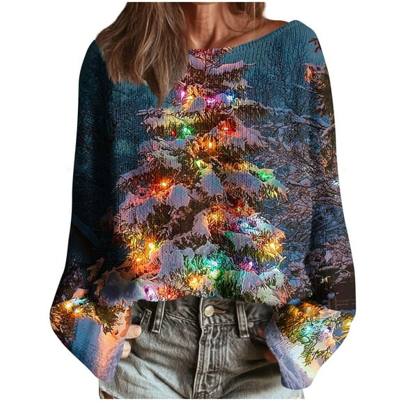 Ruimatai Women's Winter Christmas Printed Sweater Coarse Woven Stripe Long Sleeve Round Neck Pullover Top Soft Comfortable Casual Knitwear