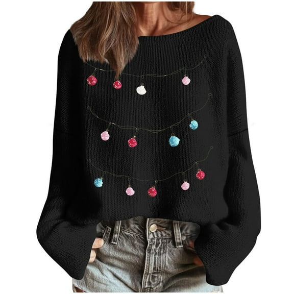 Ruimatai Women's Winter Christmas Printed Sweater Coarse Woven Stripe Long Sleeve Round Neck Pullover Top Soft Comfortable Casual Knitwear