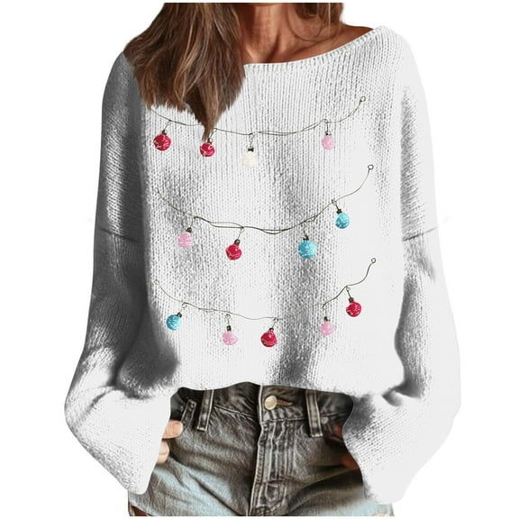 Ruimatai Women's Winter Christmas Printed Sweater Coarse Woven Stripe Long Sleeve Round Neck Pullover Top Soft Comfortable Casual Knitwear