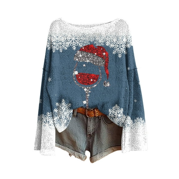 Ruimatai Women's Winter Christmas Printed Sweater Soft Long Sleeve Round Neck Pullover Top Cozy Knit Cotton Blend Casual Holiday