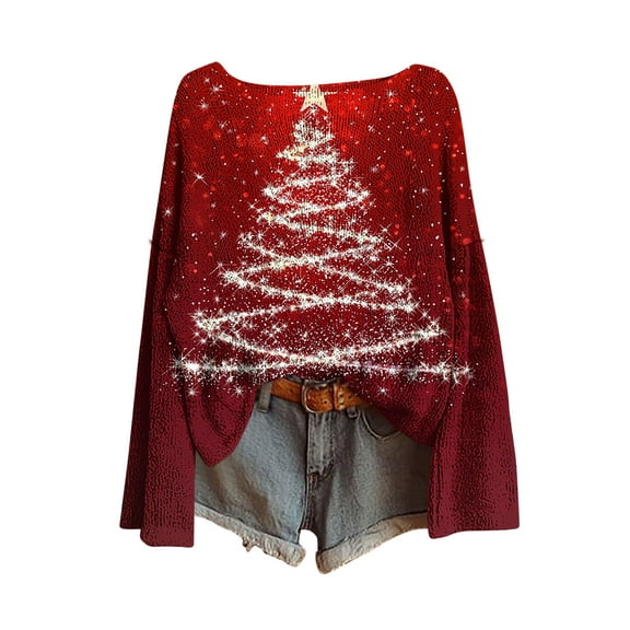 Ruimatai Women's Winter Christmas Printed Sweater Soft Long Sleeve Round Neck Pullover Top Cozy Knit Cotton Blend Casual Holiday