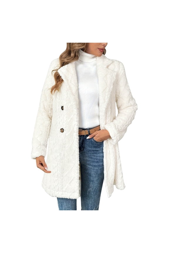 Women's Winter Double-Sided Fleece Jacket, Double Breasted Long Sleeve Lapel Collar Casual Coat, Soft Warm Solid Color Outerwear