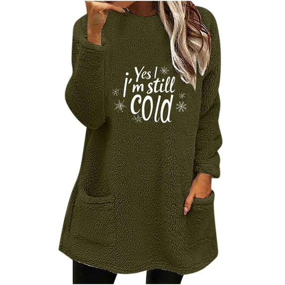 Ruimatai Women's Winter Fleece Round Neck Long Sleeve Top Loose Fit Solid Color Pocket Blouse Warm Soft Comfortable Casual Polyester Pullover