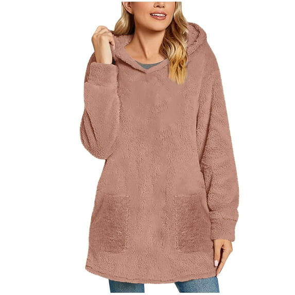 Ruimatai Women's Winter Fleece Round Neck Long Sleeve Top Loose Fit Solid Color Pocket Blouse Warm Soft Comfortable Casual Polyester Pullover