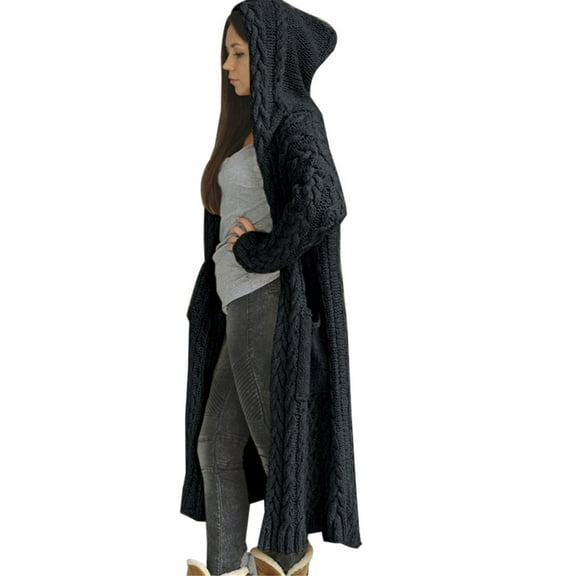 Ruimatai Women's Winter Knitted Cardigan Hooded Long Loose Sweater Coat with Pockets Casual Warm Soft Polyester Plus Size Fall Fashion
