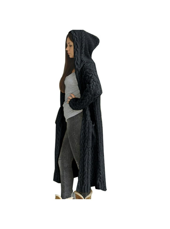 Women's Winter Knitted Cardigan Hooded Long Loose Sweater Coat with Pockets Casual Warm Soft Polyester Plus Size Fall Fashion