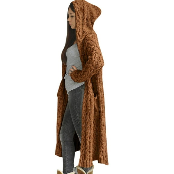 Ruimatai Women's Winter Knitted Cardigan Hooded Long Loose Sweater Coat with Pockets Casual Warm Soft Polyester Plus Size Fall Fashion