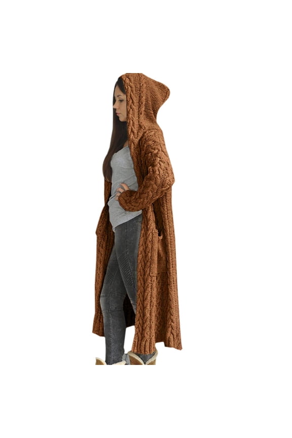 Women's Winter Knitted Cardigan Hooded Long Loose Sweater Coat with Pockets Casual Warm Soft Polyester Plus Size Fall Fashion