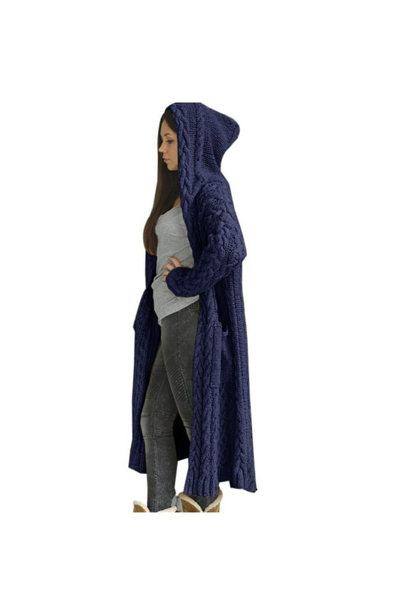 Women's Winter Knitted Cardigan Hooded Long Loose Sweater Coat with Pockets Casual Warm Soft Polyester Plus Size Fall Fashion