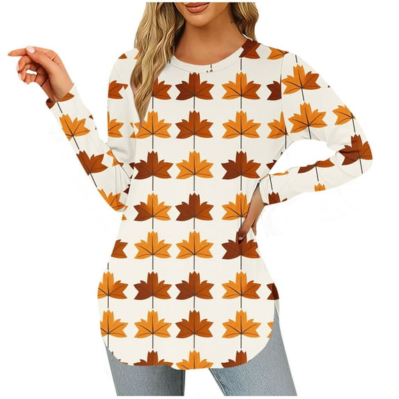 Ruimatai Women's Winter Long Sleeve Round-Neck Casual Top Soft Comfy Maple Leaf Print Blouse Loose Fit T-Shirt