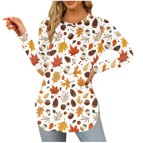 Ruimatai Women's Winter Long Sleeve Round-Neck Casual Top Soft Comfy Maple Leaf Print Blouse Loose Fit T-Shirt