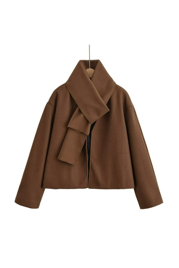 Women's Winter Long Sleeve V-Neck Open Front Duster Cardigan with Scarf Shawl Collar Soft Plaid Outerwear Coat