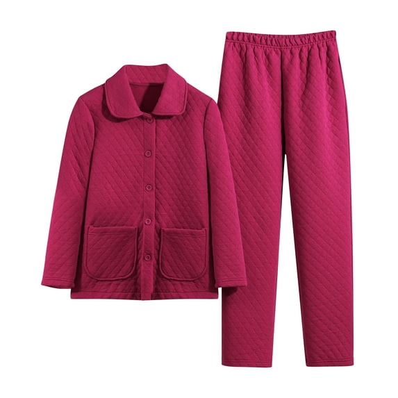 Ruimatai Women's Winter Padded Pajamas Set Cozy Thermal Fleece Loungewear with Round Neck Long Sleeve Top and Pants for Home