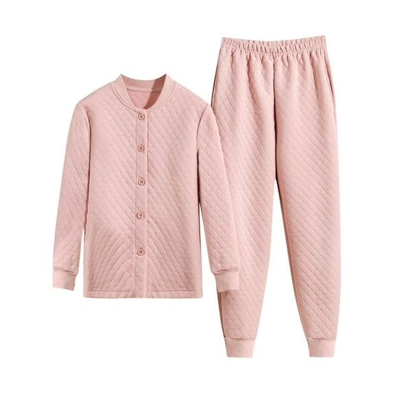 Ruimatai Women's Winter Padded Pajamas Set Cozy Thermal Fleece Loungewear with Round Neck Long Sleeve Top and Pants for Home