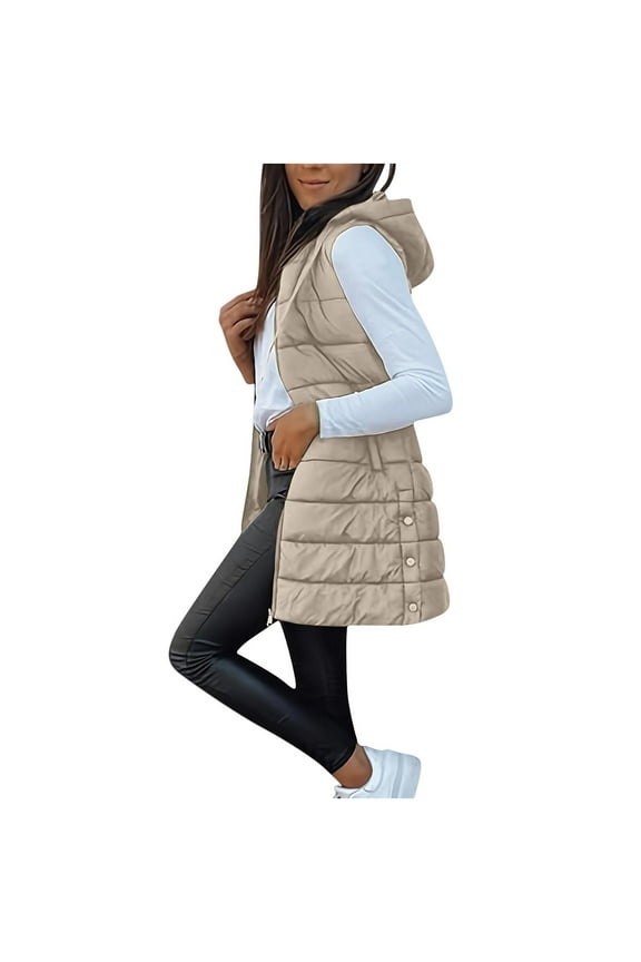 Women's Winter Puffer Vest Long Sleeveless Padded Jacket Coat with Stand Collar and Pockets