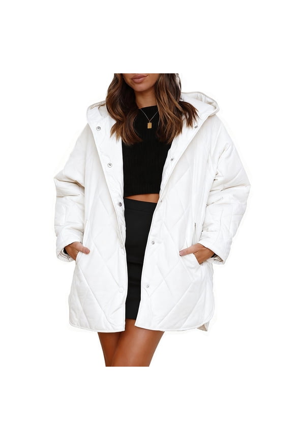 Women's Winter Quilted Snap Jacket with Hood, Solid Color Casual Long Sleeve Coat, Warm Polyester Puffer Coat for Daily Wear