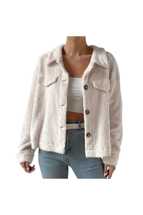Women's Winter Short Plush Wool Blend Coat White Lapel Casual Short Jacket Versatile Daily Wear