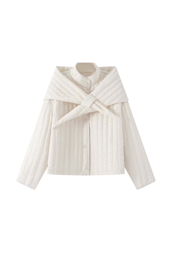 Women's Winter Stand Collar Long Sleeve Top Detachable Scarf Casual Comfortable Warm Fashion Outerwear Tunic Blouse