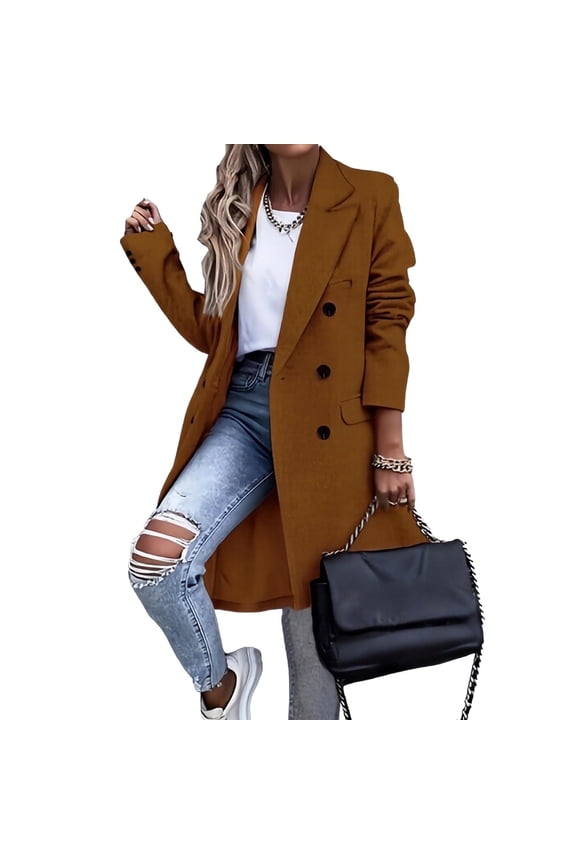 Women's Wool Blend Double Breasted Long Coat with Belt, Elegant Fall Winter Warm Trench Jacket for Casual Office and Formal Occasions