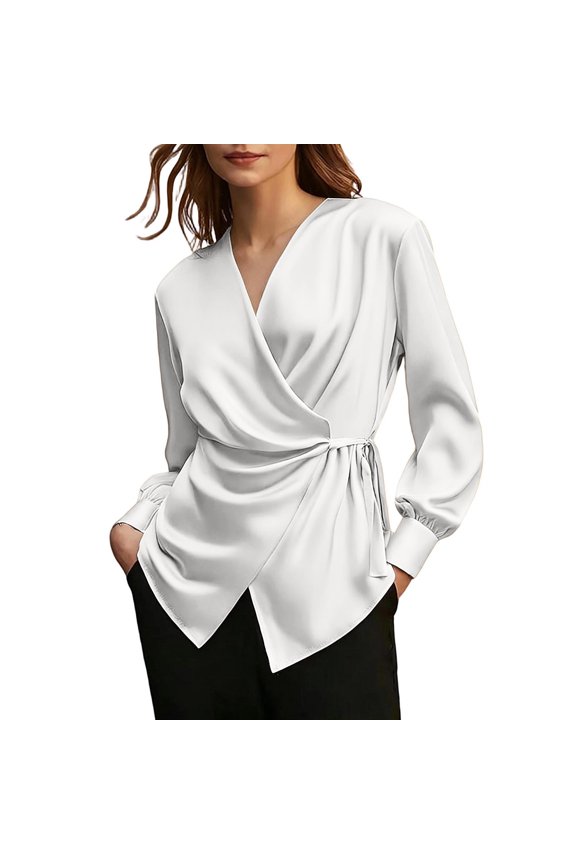 Women's Wrap V Neck Blouses Tie Waist Puff Cuff Long Sleeve Slim Shirts for Office Business Daily Wear