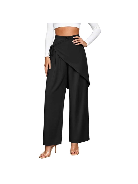 Women's Wrap Wide Leg Pants Button High Waist Tie Side Irregular Loose Fit Office Party Casual Trousers