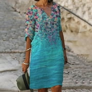 Ruimatai Women's dress Clearance Summer Womens 3/4 Sleeves Dresses Fashion Flowers Printed Waist Sundress V-Neck Knee-length Dress
