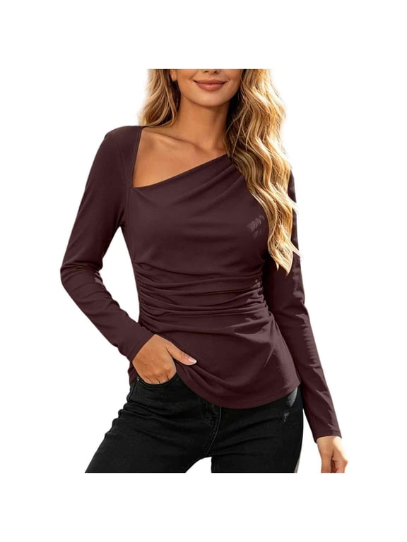 Womens Asymmetric Neck Tops Ruched Waist Slim Fitted Long Sleeve Elegant Casual Pullover Shirts