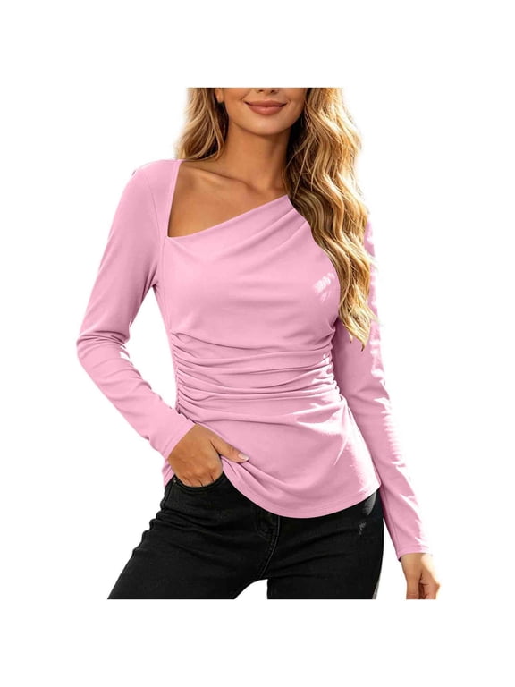 Womens Asymmetric Neck Tops Ruched Waist Slim Fitted Long Sleeve Elegant Casual Pullover Shirts