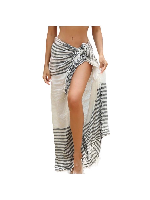 Womens Beach Sarong Cover Up Wrap Skirt Tassel Stripe Swim Vacation Summer Boho Cute Long Light Sheer Skirt