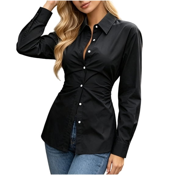 Ruimatai Womens Button Down Shirts Collared Waist Ruched Slim Long Sleeve Dressy Casual Blouses
