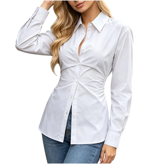 Ruimatai Womens Button Down Shirts Collared Waist Ruched Slim Long Sleeve Dressy Casual Blouses