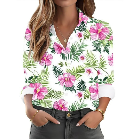 Ruimatai Womens Button Down Shirts Long Sleeve Collared Floral Print Plus Size Shirt Dressy Casual Business Work Blouses Tops