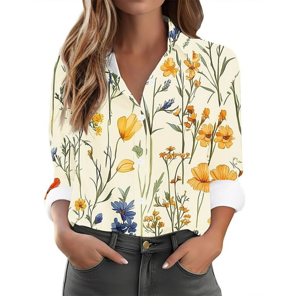 Ruimatai Womens Button Down Shirts Long Sleeve Collared Floral Print Plus Size Shirt Dressy Casual Business Work Blouses Tops