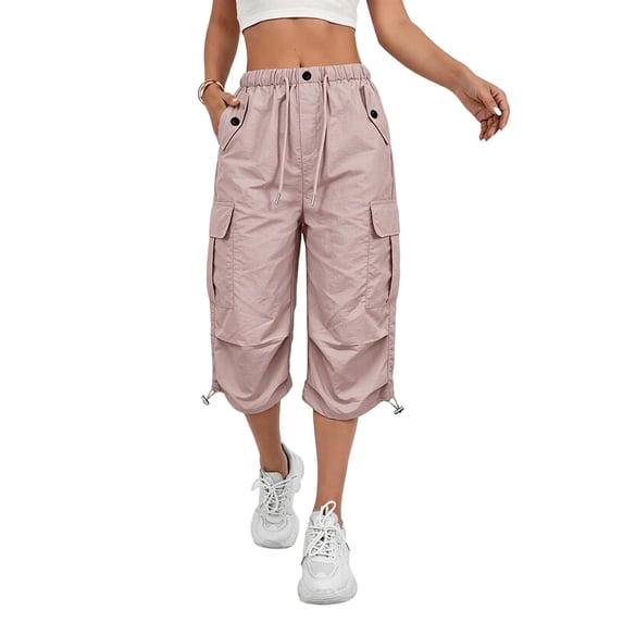 Ruimatai Womens Capri Cargo Pants Drawstring Elastic High Waist Multi Pocket Streetwear Adjustable Cropped Trousers