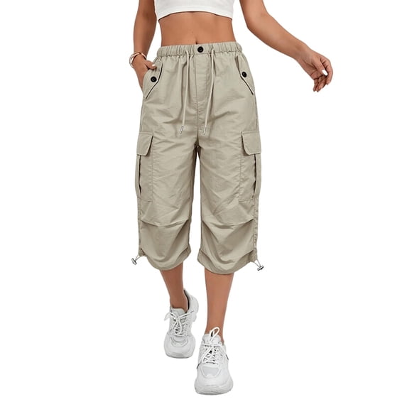 Ruimatai Womens Capri Cargo Pants Drawstring Elastic High Waist Multi Pocket Streetwear Adjustable Cropped Trousers