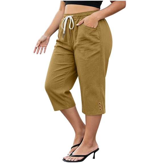 Ruimatai Womens Capri Cropped Pants Drawstring Elastic Waist Pocket Button Detail Plus Size Casual Vacation Trousers