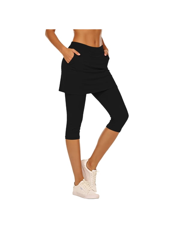 Womens Capri Skort Pants High Waist Workout Trousers with Pockets Tennis Yoga Lounge Skirted Leggings