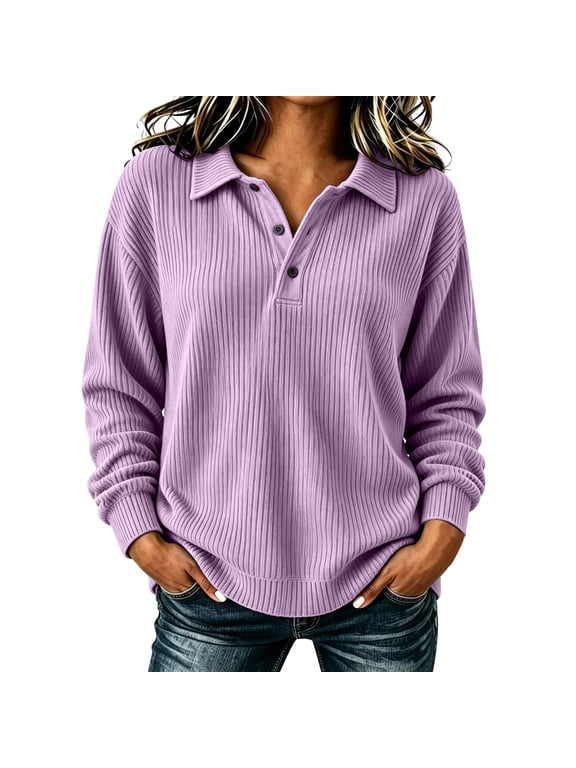 Womens Casual Collared Henley Button Placket Long Sleeve Ribbed Loose Fit Daily Wear Top