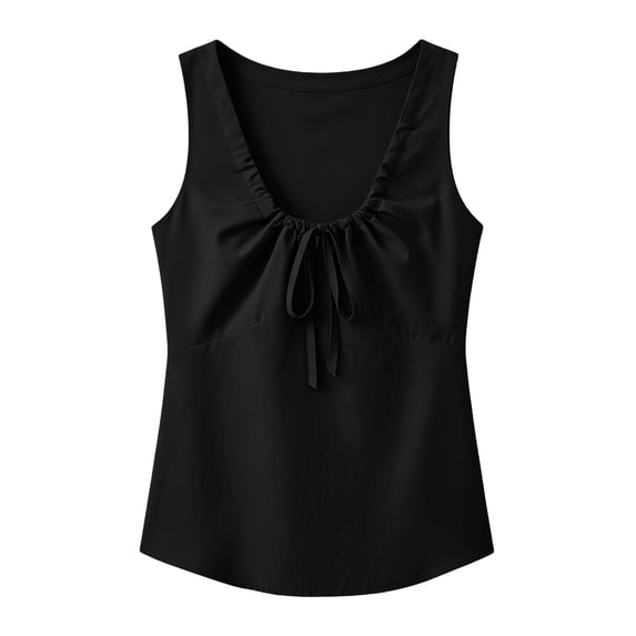 Ruimatai Womens Casual Sleeveless Tank Tops V Neck Drawstring Ruched Shirts Loose Fit Curved Hem Summer Blouses