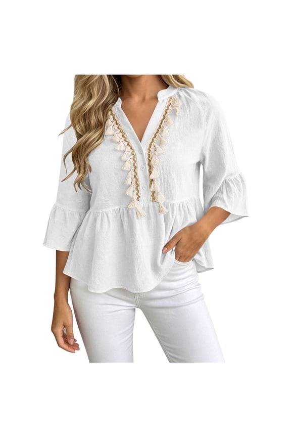 Womens Casual V Neck Tassel Trim 3/4 Flare Sleeve Peplum Hem Loose Fit Everyday Casual Blouses for Women