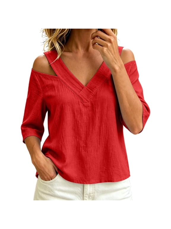 Womens Cold Shoulder Tops V Neck 3/4 Sleeve Solid Loose Casual Pullover Blouses