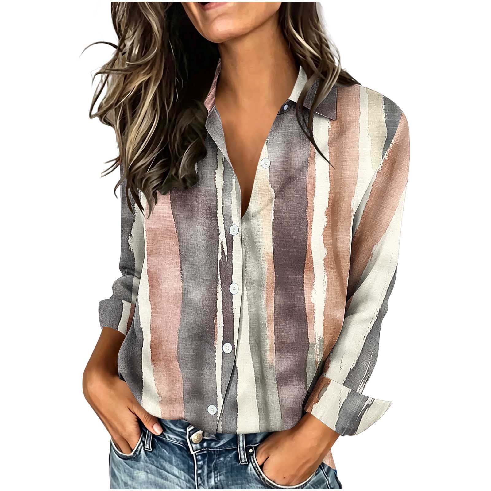 Ruimatai Womens Collared Long Sleeve Button Front Printed Casual Blouse ...