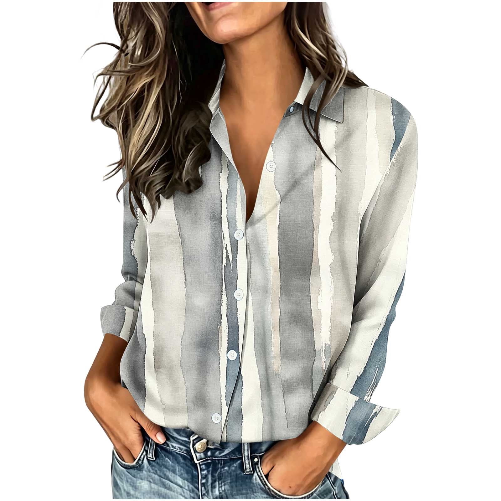 Ruimatai Womens Collared Long Sleeve Button Front Printed Casual Blouse ...