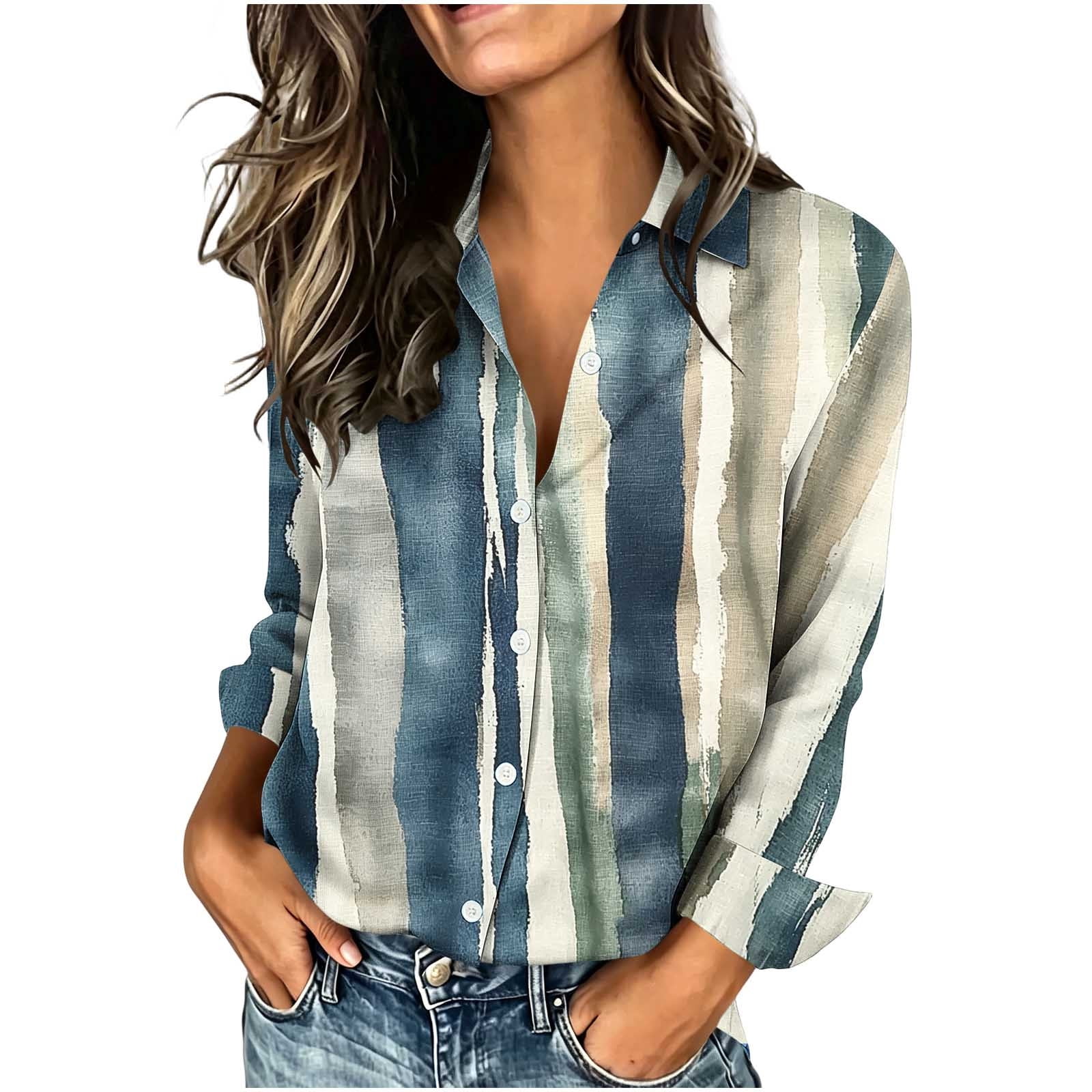 Ruimatai Womens Collared Long Sleeve Button Front Printed Casual Blouse ...